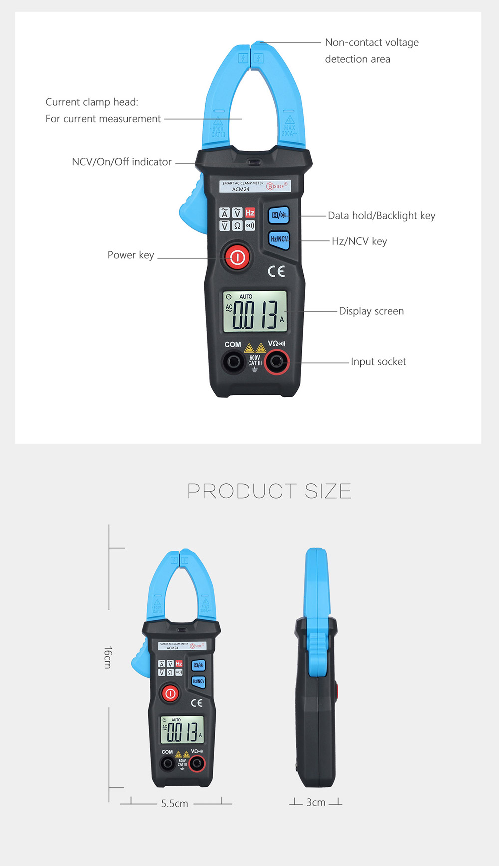 BSIDE ACM24 Digital Clamp Meter with 6000 Counts Data Hold Auto Range
