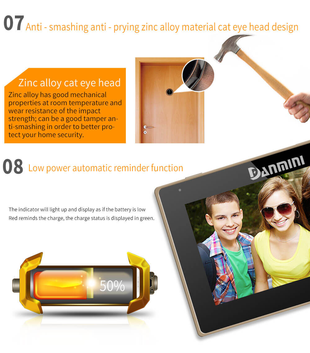 Danmini YB-43CHD-M Digital Peephole Viewer Camera 2MP 4.3 inch PIR Motion Sensor IR Night Vision Door Bell -Gold