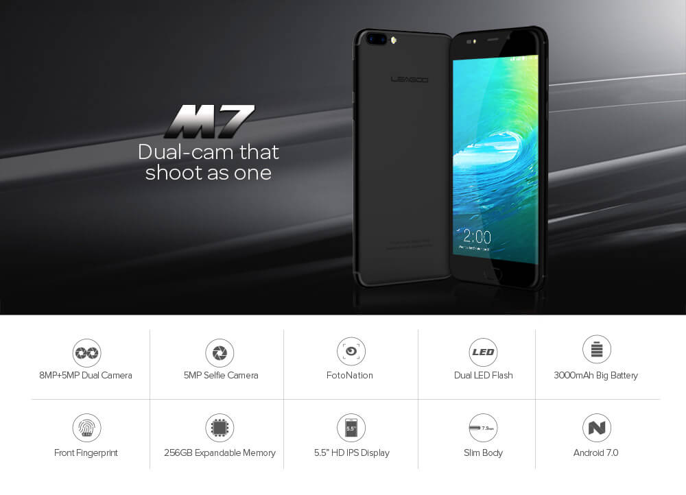 [HK Stock]Leagoo M7 5.5 Inch HD Screen Smartphone Dual Rear Camera 16GB 8MP Cam MTK6580A Quad Core Android 7.0 Touch ID Quick Charge Dual LED Flash - Red