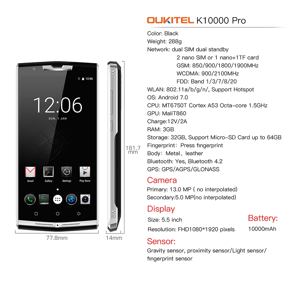 [HK Stock]OUKITEL K10000 Pro 5.5 Inch Smartphone 10000mah Large Battery FHD Screen 3GB 32GB MT6750T Octa Core 13MP Cam 4G LTE Android 7.0 Touch ID - Black