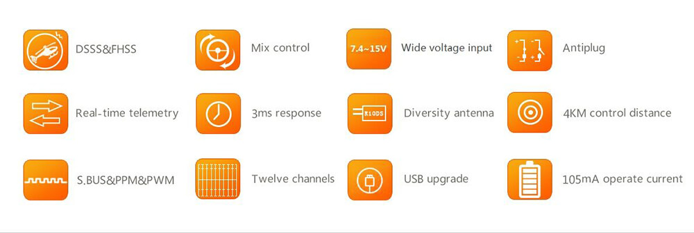 Radiolink AT10II 2.4G 12CH DSSS&FHSS Transmitter with R12DS Receiver Mode 2 - Orange