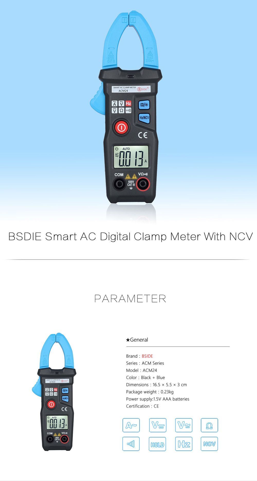 BSIDE ACM24 Digital Clamp Meter with 6000 Counts Data Hold Auto Range