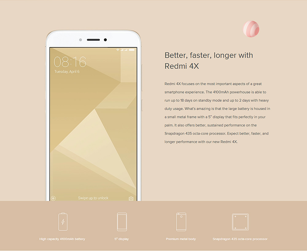 [HK Stock][Official Global ROM]Xiaomi Redmi 4X 5.0 Inch 4G LTE Smartphone HD Screen 3GB 32GB Qualcomm Snapdragon 435 Octa Core 13MP Cam MIUI 8 4100mAh Battery Metal Body - Gold