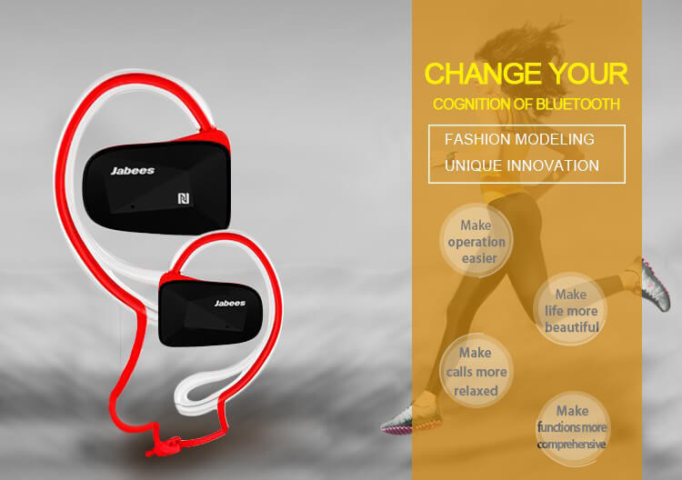 Jabees BSport Wireless Bluetooth Waterproof Headphone APTX NFC Sport Earphone with Microphone - Red