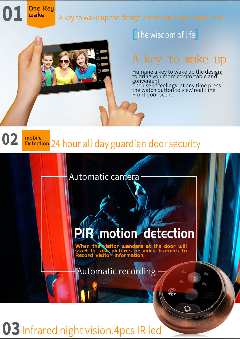 Danmini YB-43CHD-M Digital Peephole Viewer Camera 2MP 4.3 inch PIR Motion Sensor IR Night Vision Door Bell -Gold