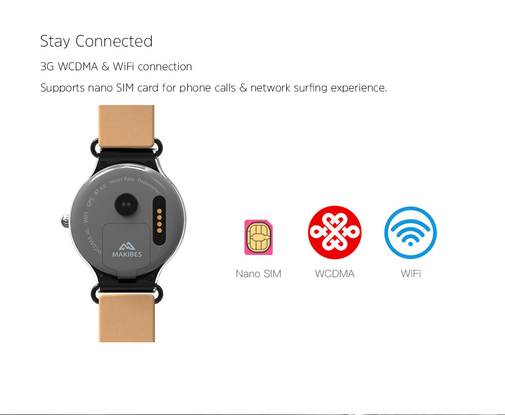 Makibes Talk T1 3G Smartwatch Phone 1.39 Inch AMOLED Screen MTK6580 Heart Rate Monitor GPS Google Play Google Now 512MB RAM 8GB ROM for Android iOS - Black