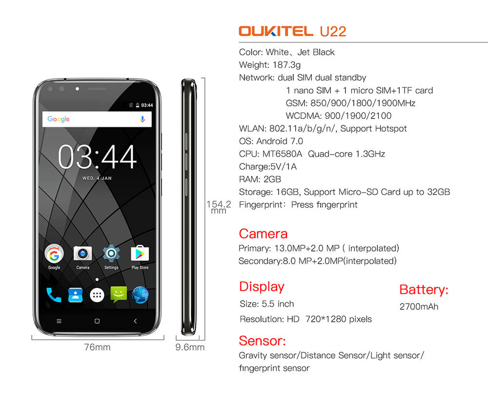 [HK Stock]Oukitel U22 5.5 Inch Smartphone Four Cameras HD Screen 2GB 16GB MTK6580A 8.0MP Android 7.0 Touch ID 2700mAh - Jet Black