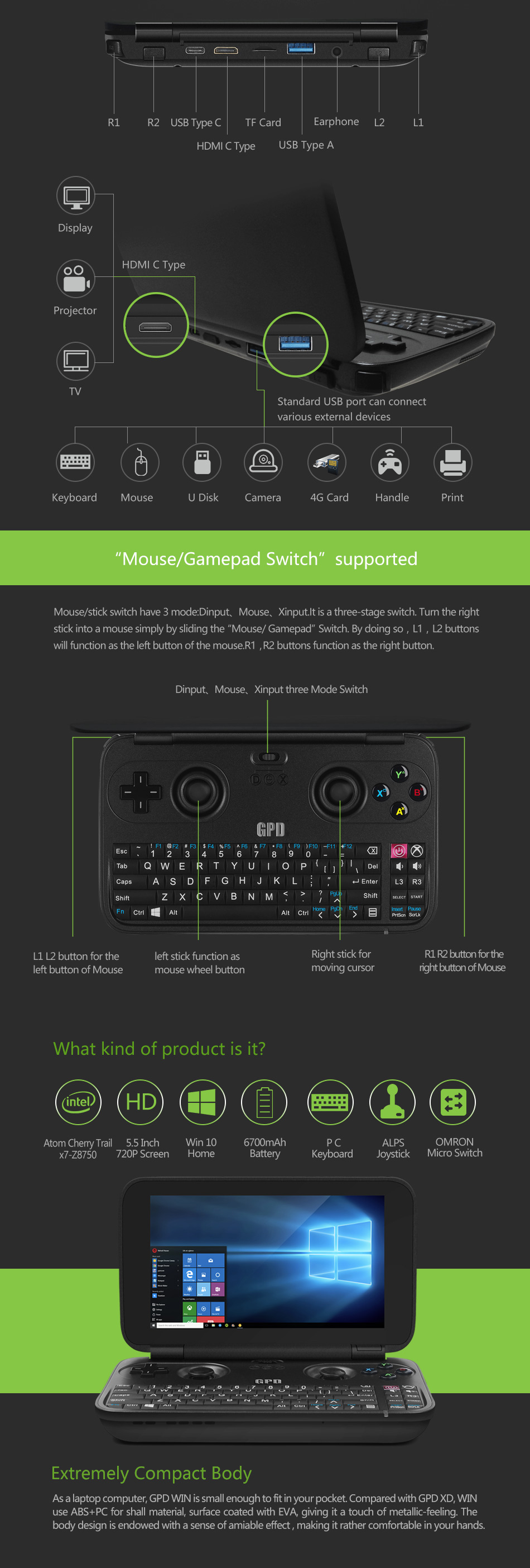 GPD Win Aluminum Shell Version 5.5 inch Gamepad Tablet PC Intel Atom X7 Z8750 Windows 10 OS 4GB/64GB Game Console Quad Core 2.56GHz Gorilla Glass Touch Screen 1280*720 Type-C - Black