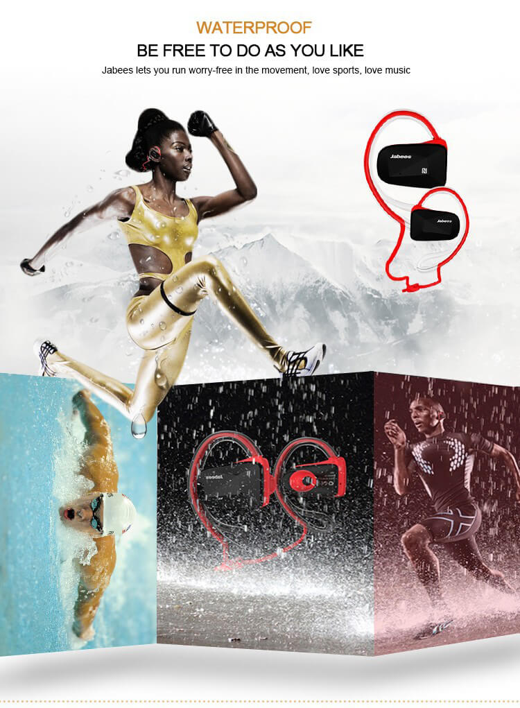 Jabees BSport Wireless Bluetooth Waterproof Headphone APTX NFC Sport Earphone with Microphone - Red