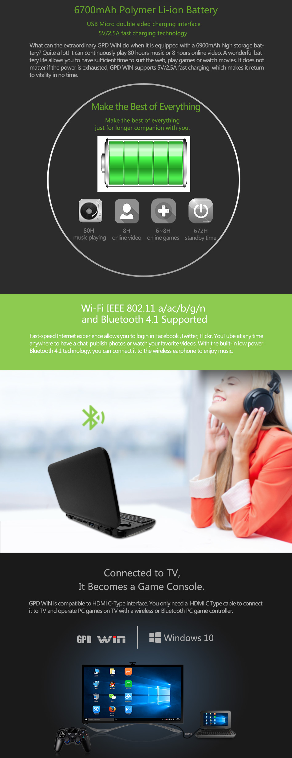 GPD Win Aluminum Shell Version 5.5 inch Gamepad Tablet PC Intel Atom X7 Z8750 Windows 10 OS 4GB/64GB Game Console Quad Core 2.56GHz Gorilla Glass Touch Screen 1280*720 Type-C - Black