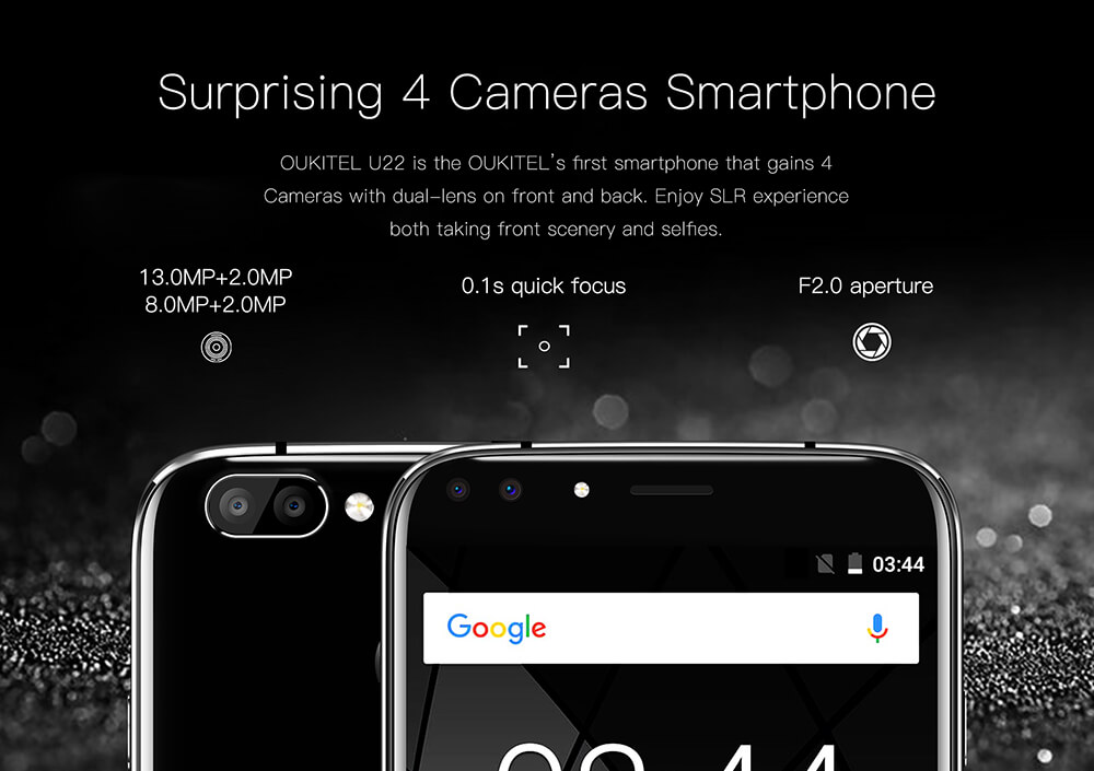 [HK Stock]Oukitel U22 5.5 Inch Smartphone Four Cameras HD Screen 2GB 16GB MTK6580A 8.0MP Android 7.0 Touch ID 2700mAh - Jet Black