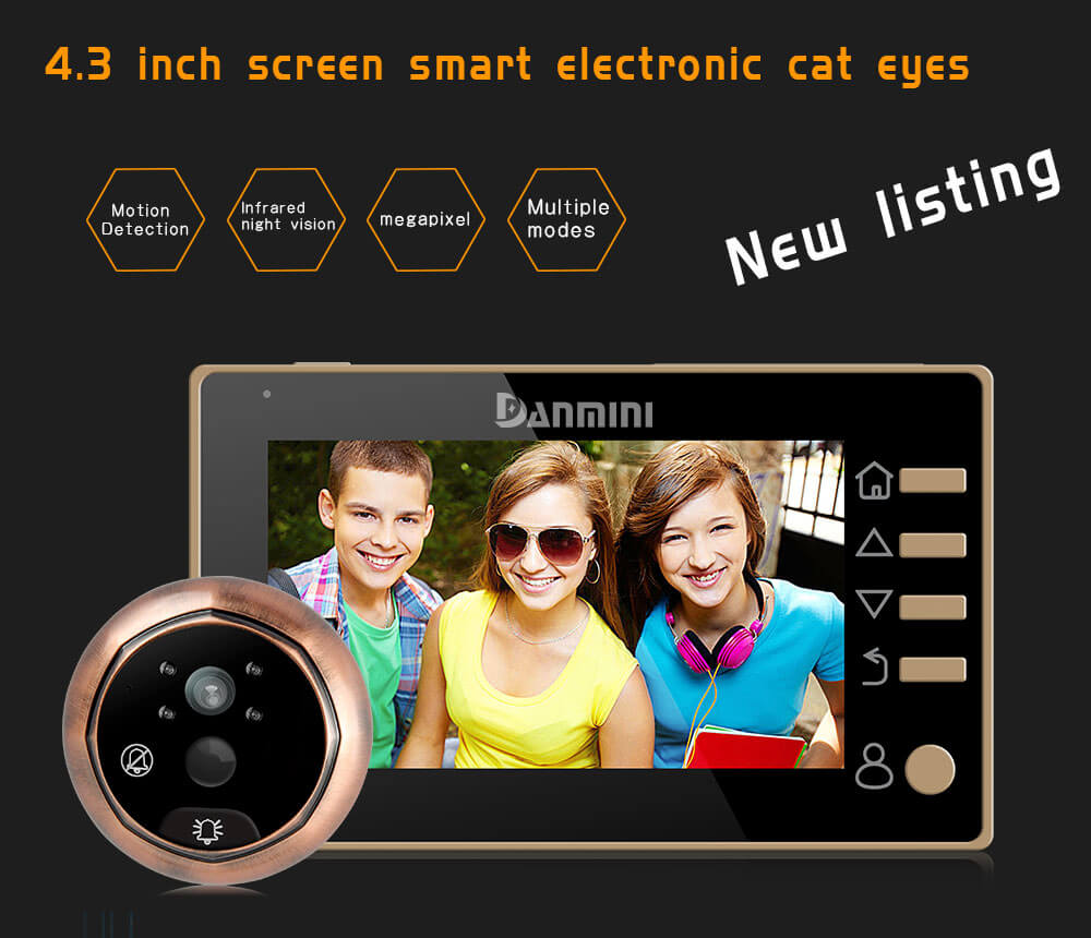 Danmini YB-43CHD-M Digital Peephole Viewer Camera 2MP 4.3 inch PIR Motion Sensor IR Night Vision Door Bell -Gold