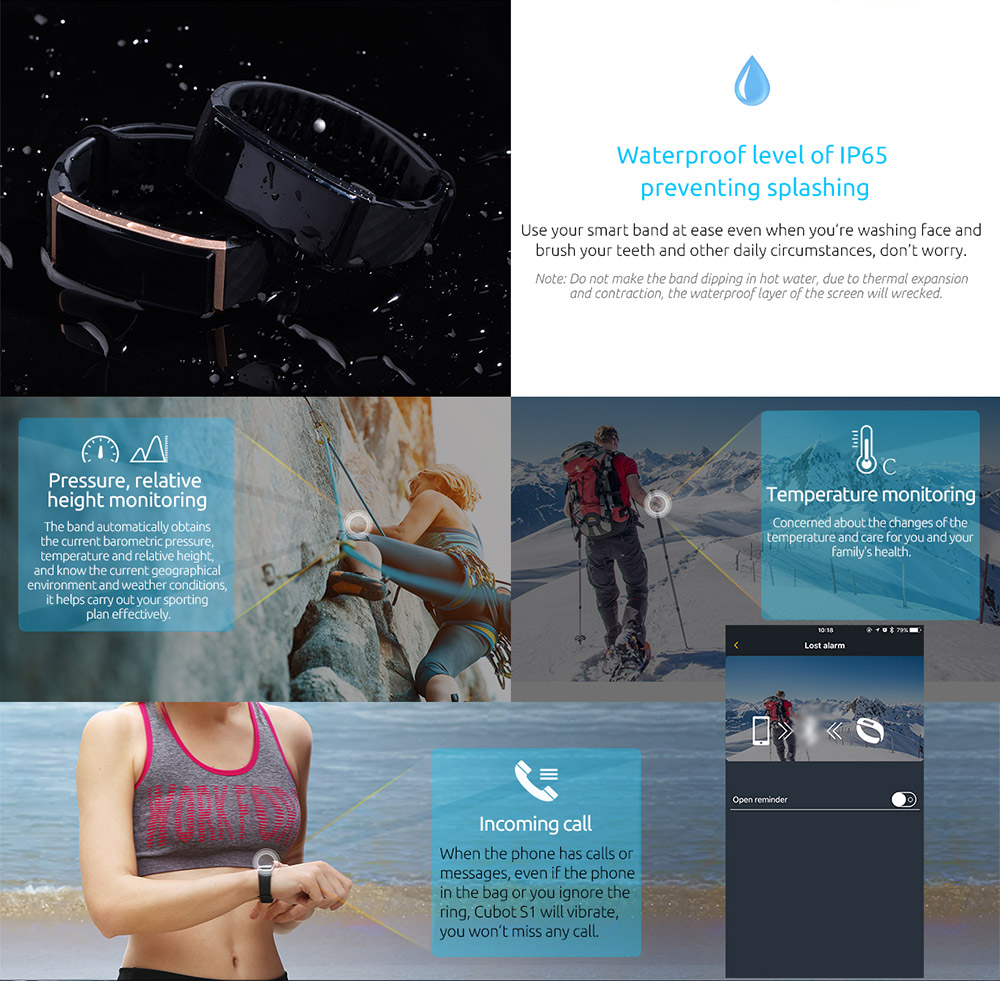 Cubot S1 Smart Wristband Bluetooth Heart Rate Monitor Air Pressure/Temperature Monitor Health Tracker IP67 Water Resistant Compatible with iOS Android - Gold