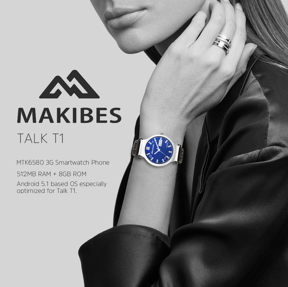 Makibes Talk T1 3G Smartwatch Phone 1.39 Inch AMOLED Screen MTK6580 Heart Rate Monitor GPS Google Play Google Now 512MB RAM 8GB ROM for Android iOS - Black