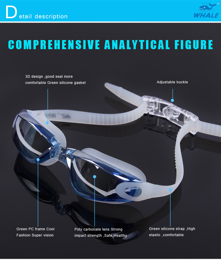 WHALE MM-7901 Wide-Vision Anti-Fog Swimming Goggles Replaceable Nose Bridge Adult Safe Silicone Swimming Glasses - Silver