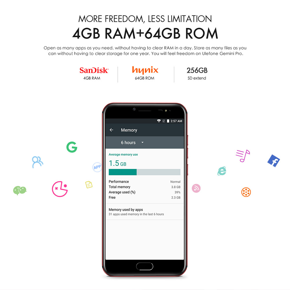 [HK Stock]Ulefone Gemini Pro 5.5 Inch 4G LTE Smartphone Dual Cam 13.0MP 4GB 64GB Helio X27 MTK6797 Deca Core Android 7.1 Touch ID Type-C 3680mAh - Red