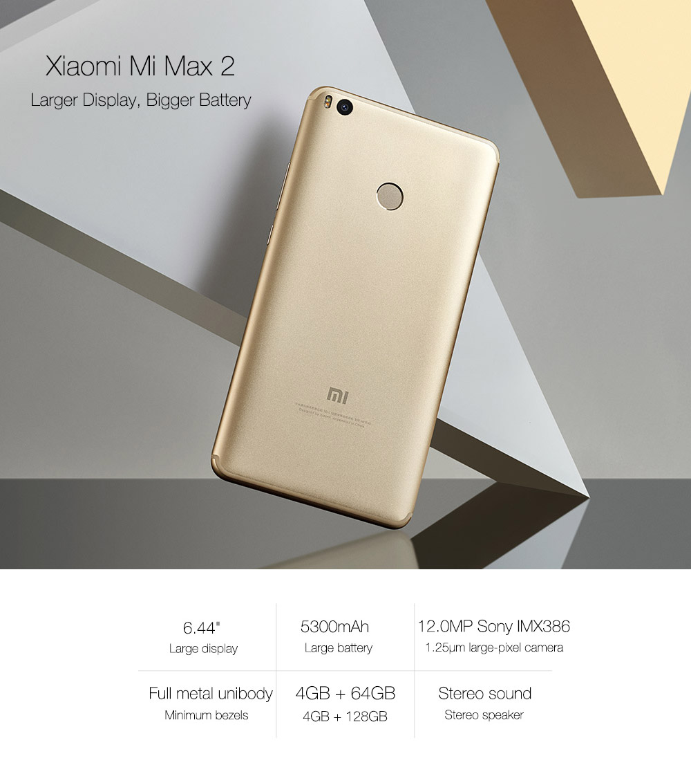 Xiaomi Mi Max 2 6.44 Inch  5300mAh Smartphone FHD 4GB 64GB Snapdragon 625 Octa Core 12.0MP Cam Android 7.1 Metal Body QC3.0 IR Remote Control - Gold