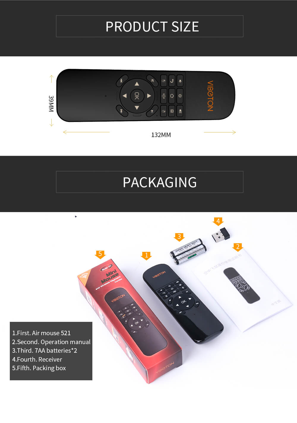 Viboton UKB - 521 2.4G Wireless Air Mouse Keyboard Remote  - Black