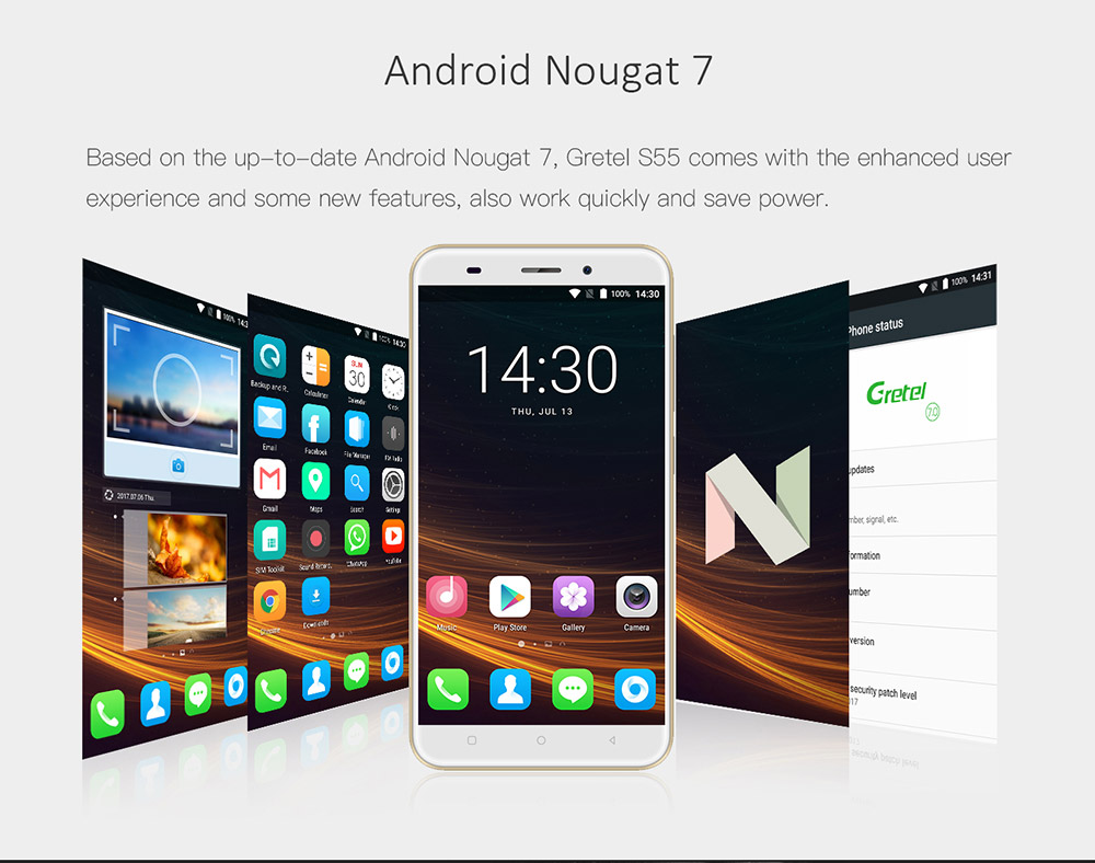 [HK Stock]Gretel S55 5.5 Inch HD Screen Smartphone Dual Rear Camera 16GB 8.0MP Cam MT6580A Quad Core Android 7.0 Touch ID 2600mAh - Gold