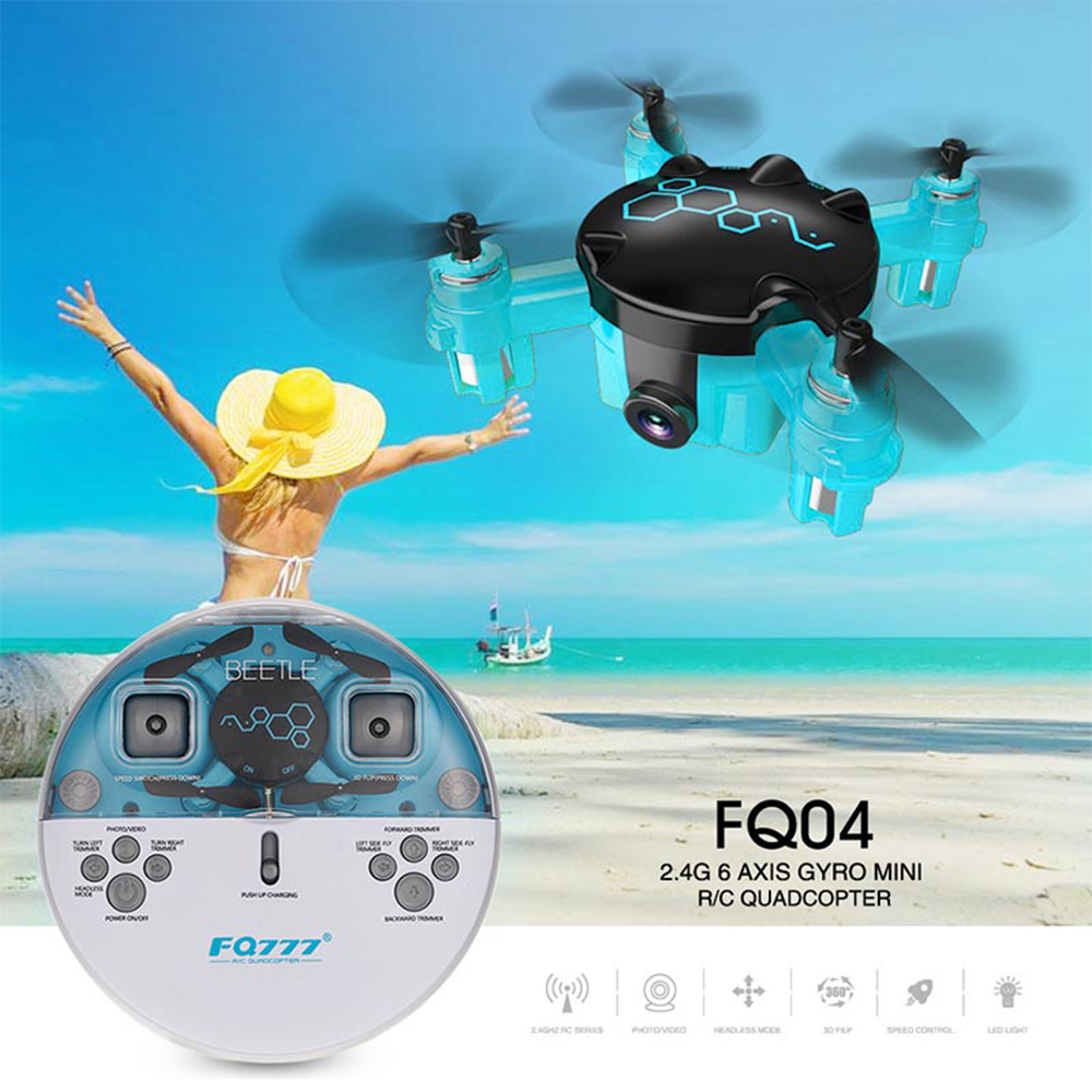 FQ777 FQ04 Beetle Mini Pocket Drone with Camera Headless Mode RC Quadcopter RTF - Blue