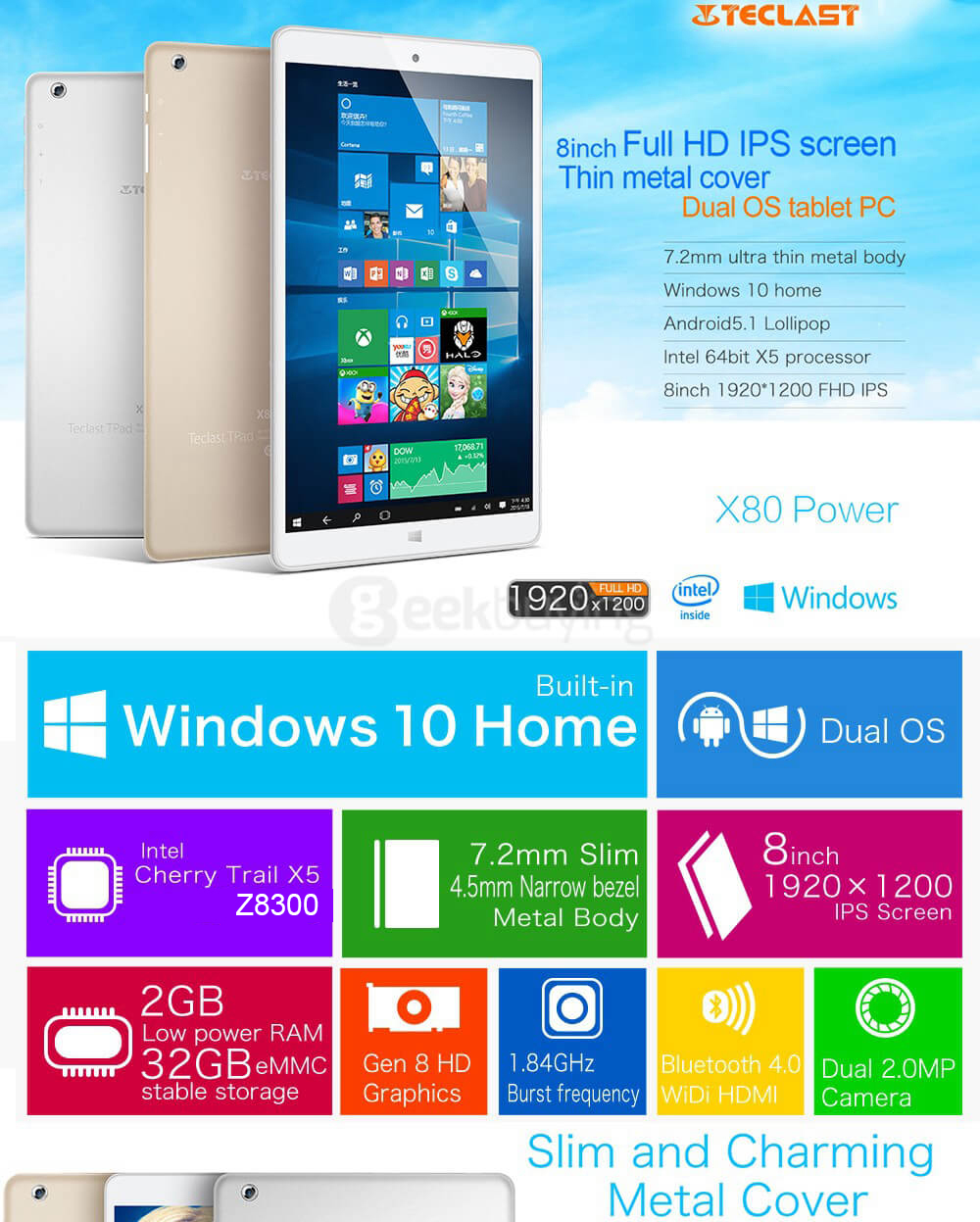 Teclast X80 Power Tablet 8 inch Intel Cherry Trail X5-Z8300 Dual OS Windows 10 + Android 5.1 2GB/32GB Quad Core 1.84GHz IPS 1920*1200 Metal Shell - Gold