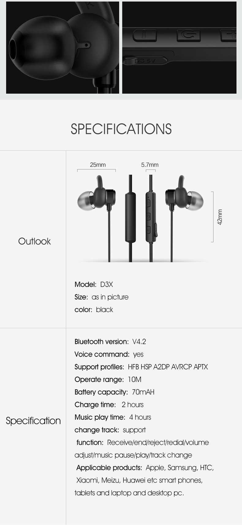 Syllable D3X Bluetooth 4.2 Earphone Wireless Stereo Sports Headsets with Mic - Black