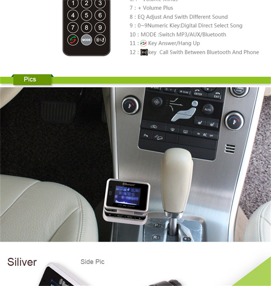 FM12B Wireless Bluetooth Handsfree FM Transmitter Car Kit USB Car Charger MP3 Player with Remote Control - Silver