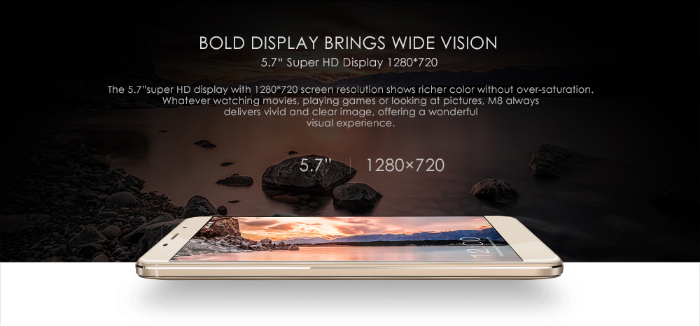[HK Stock]LEAGOO M8 5.7inch HD 2.5D Screen Android 6.0 Smartphone MT6580A Quad Core 1.3GHz 2GB RAM 16GB ROM 8.0MP 13.0MP Touch ID WIFI GPS - Gold