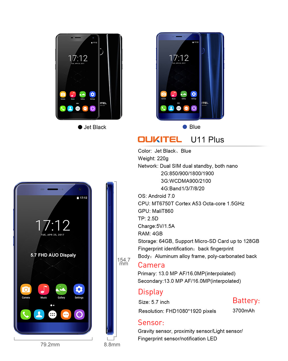 [HK Stock]Oukitel U11 Plus 5.7 Inch Smartphone FHD Screen 4GB RAM 64GB ROM MT6750T Octa Core 13.0MP Cam Android 7.0 Touch ID 3700mAh - Blue