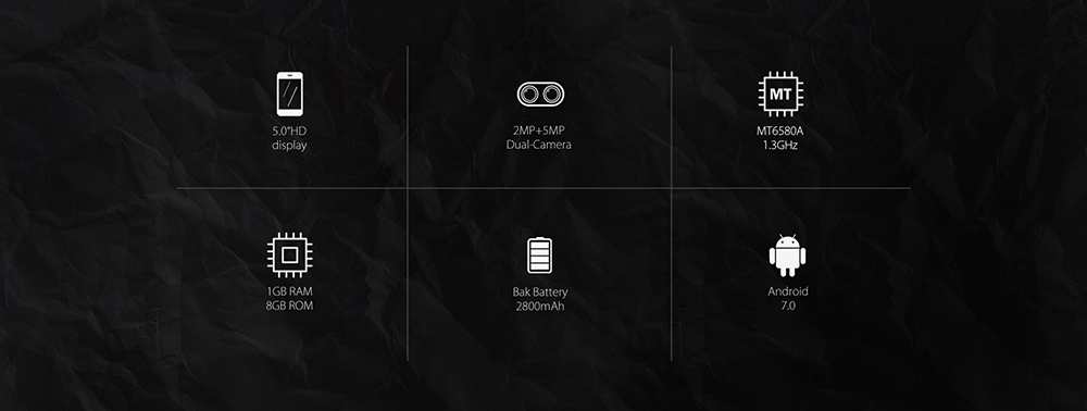 [HK Stock]Blackview A7 5.0 Inch Smartphone HD Screen Dual Rear Camera 8GB MT6580A Quad core Android 7.0 2800mAh - White