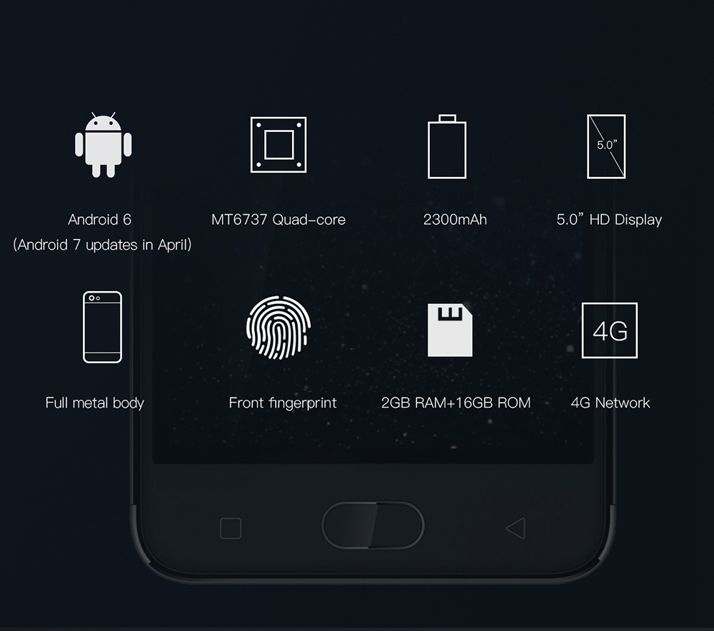 [HK Stock]Gretel A9 5.0 Inch 4G LTE Smartphone HD Screen 2GB RAM 16GB ROM 13.0MP Cam MT6737 Quad Core Android 7.0 Touch ID Full Metal Body - Black