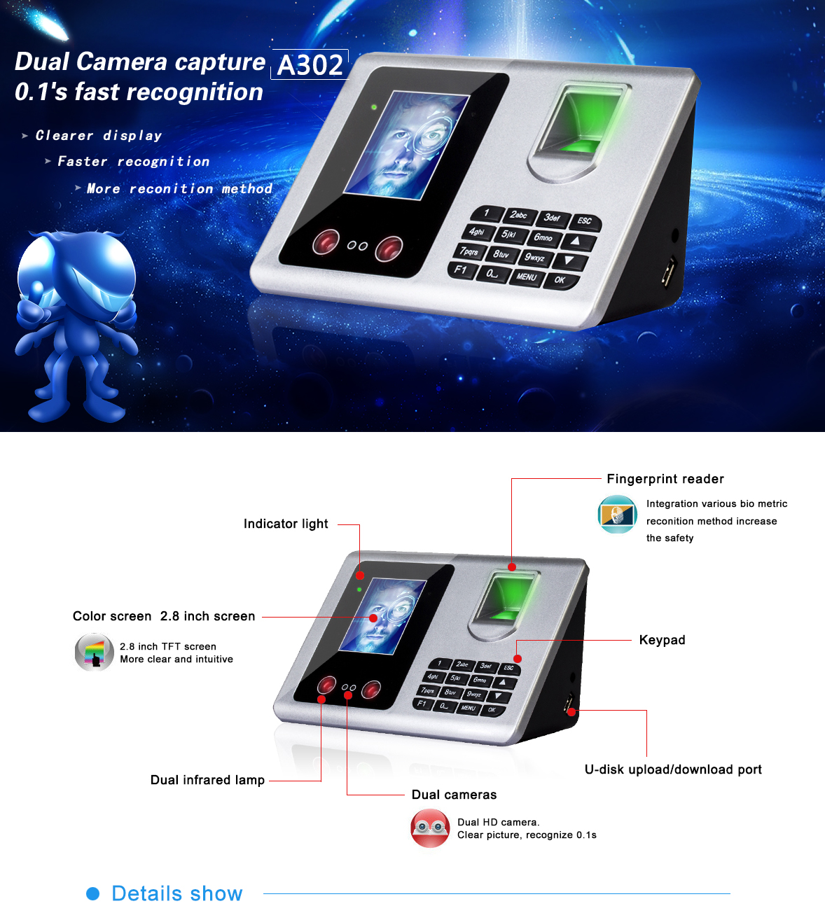 Danmini A302 Biometric Fingerprint Attendance Facial Recognition TFT Clock Time Recorder -Black