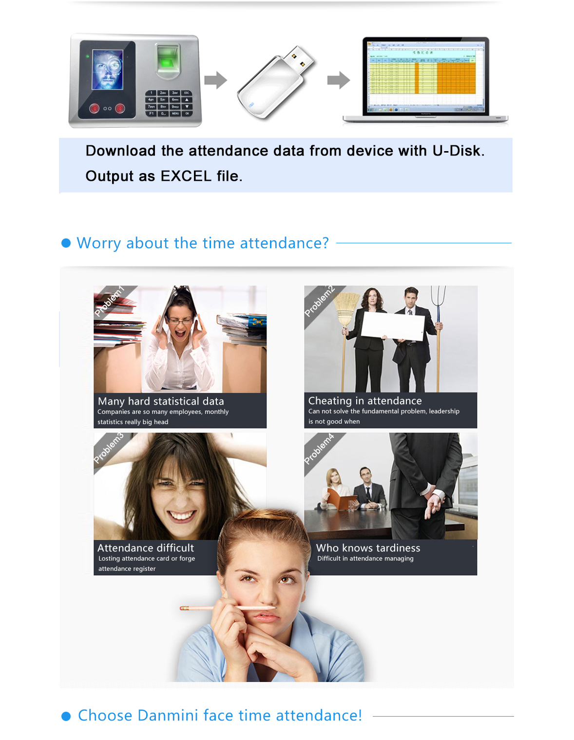 Danmini A302 Biometric Fingerprint Attendance Facial Recognition TFT Clock Time Recorder -Black