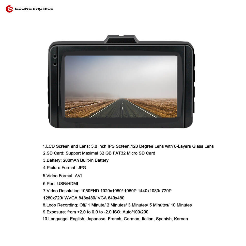 RM-AKL7D 1080P 3.0" Car DVR with 120 Degree Wide Angle Dashboard Camera Recorder Night Vision - Black