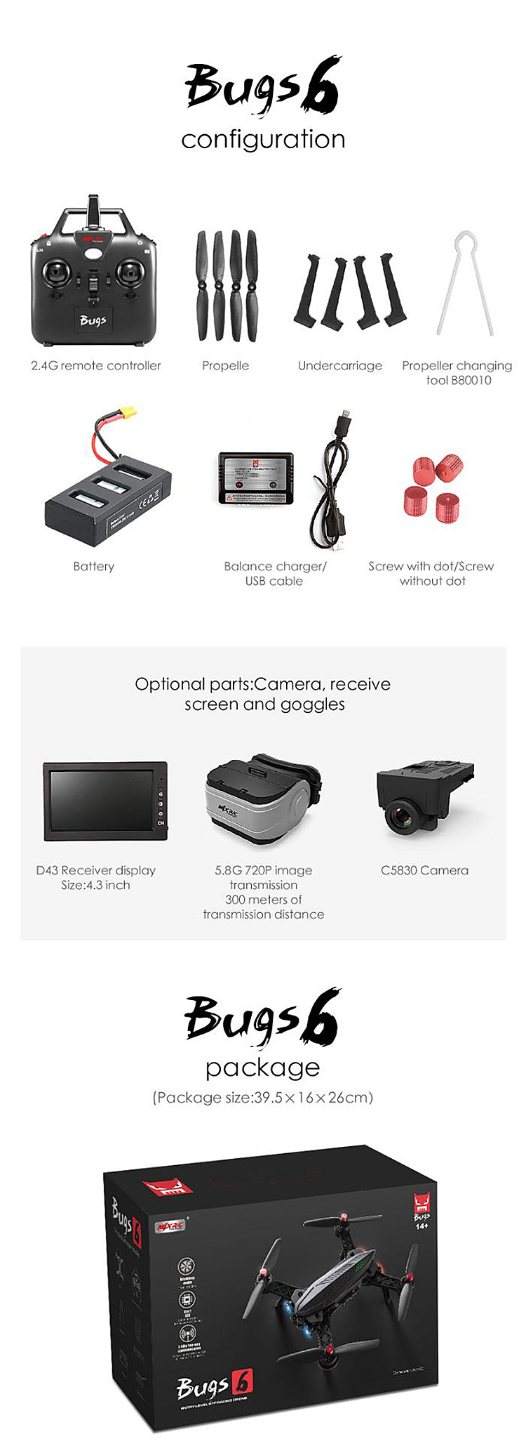 MJX Bugs 6 Brushless Racing Quadcopter with 3D Flip & Rolls Mode RTF Standard Version - Black