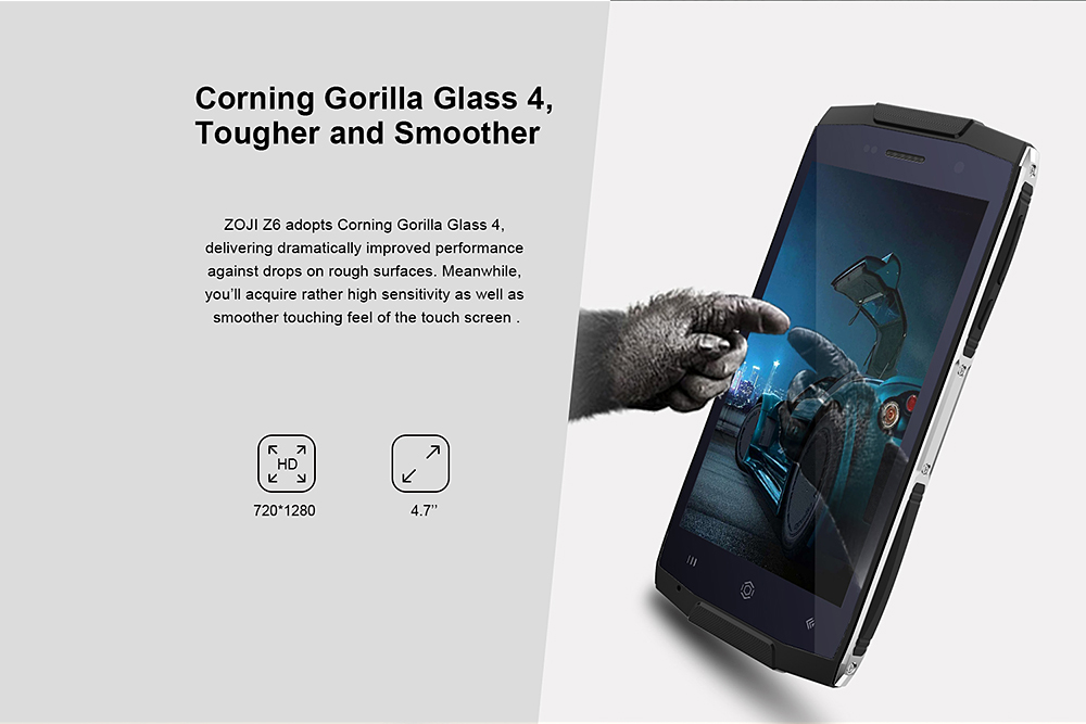 [HK Stock]HOMTOM ZOJI Z6 IP68 waterproof 4.7 Inch HD Corning Gorilla Glass 4 Screen 8GB ROM 5.0MP Cam MT6580 Quad Core 1.3GHz Android 6.0 Smartphone Touch ID Super Slim Body 3000 mAh - Black