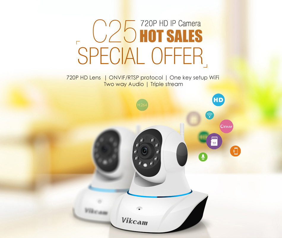 Vikcam C25 WiFi 720P IP Camera with 32GB TF Card ONVIF 2.4 Two Way Audio 360 Degrees Angle Night Vision P2P CMOS Sensor Stream Security Camera -White