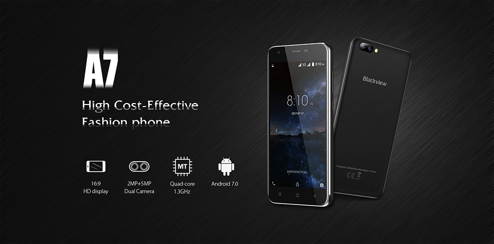 [HK Stock]Blackview A7 5.0 Inch Smartphone HD Screen Dual Rear Camera 8GB MT6580A Quad core Android 7.0 2800mAh - Black