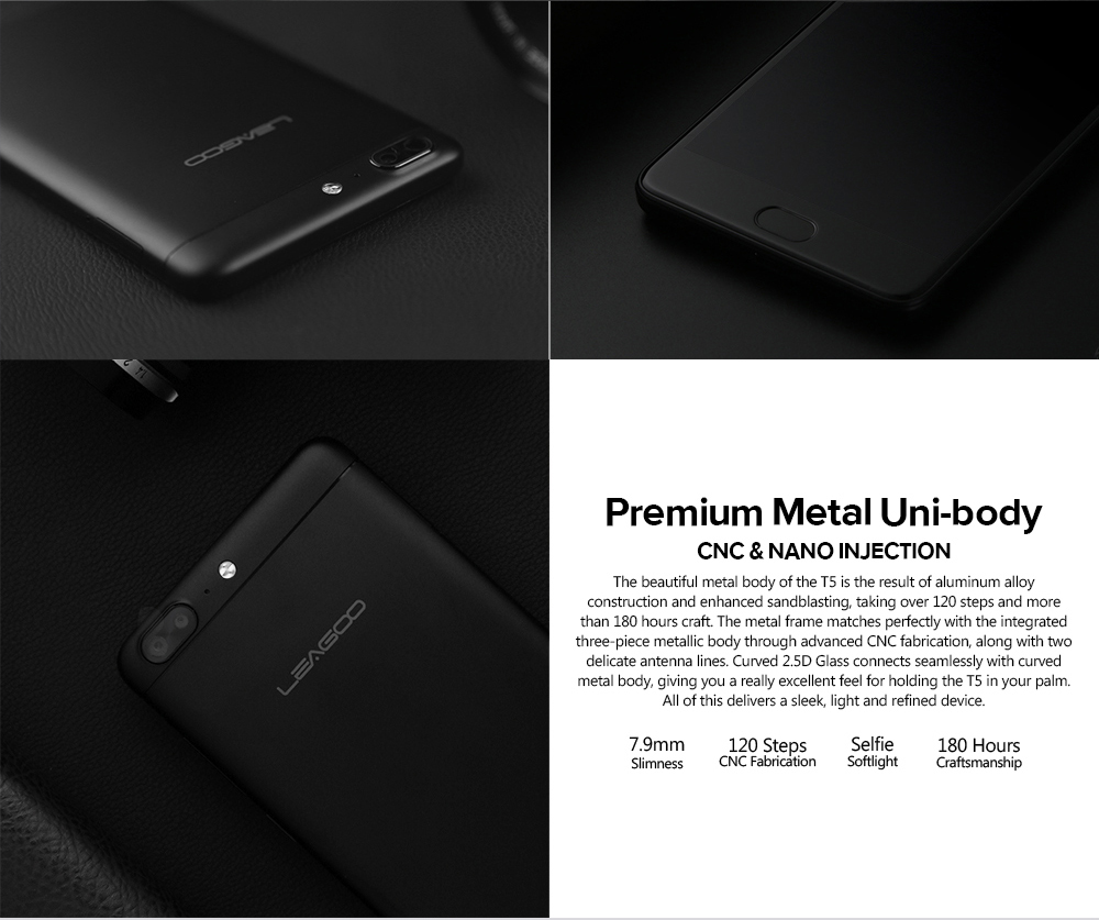 [HK Stock]LEAGOO T5 5.5 Inch Smartphone  13.0MP + 5.0MP Dual Rear Cam 13.0MP Front Cam 4GB 64GB MT6750T Octa Core Android 7.0 VoLTE Metal Body - Black