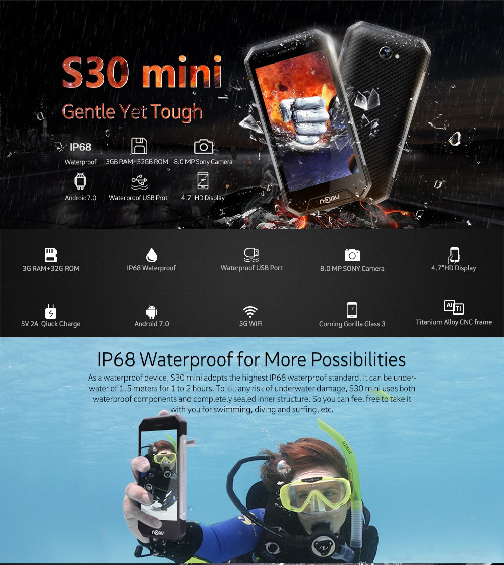 [HK Stock]Nomu S30 Mini IP68 Waterproof 4.7 Inch Corning Gorilla Glass Screen 3GB RAM 32GB ROM 8.0MP Cam MTK6737T Quad Core Android 7.0 Smartphone Quick Charge - Silver