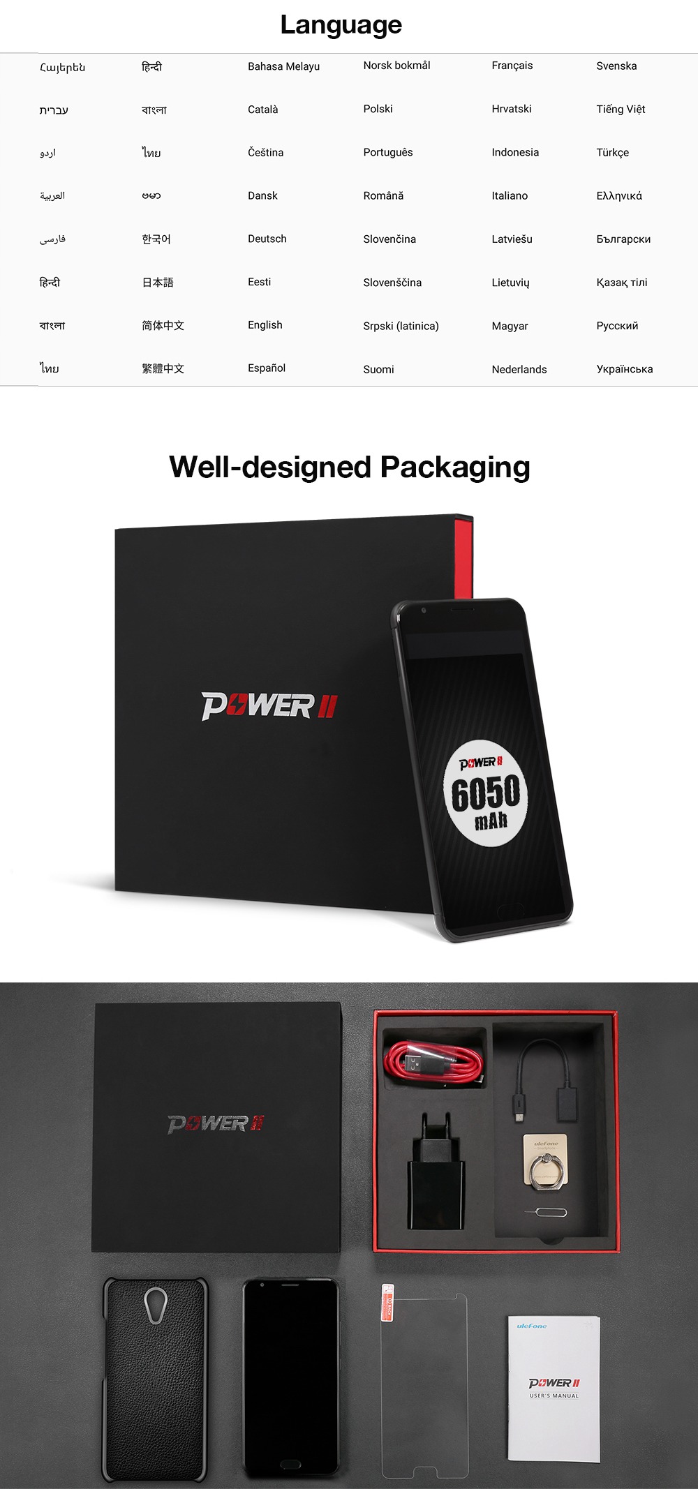 [HK Stock][US Version]Ulefone Power 2 5.5 Inch FHD Screen 4GB RAM 64GB ROM 13MP Cam MT6750T Octa Core 4G LTE Android 7.0 Smartphone Touch ID 6050mah Big Battery VoLTE - Gray