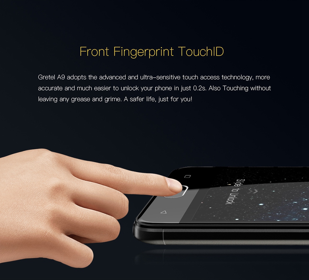 [HK Stock]Gretel A9 5.0 Inch 4G LTE Smartphone HD Screen 2GB RAM 16GB ROM 13.0MP Cam MT6737 Quad Core Android 7.0 Touch ID Full Metal Body - Black