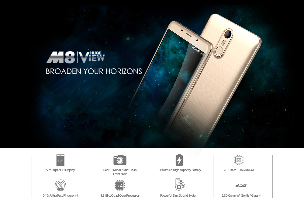 [HK Stock]LEAGOO M8 5.7inch HD 2.5D Screen Android 6.0 Smartphone MT6580A Quad Core 1.3GHz 2GB RAM 16GB ROM 8.0MP 13.0MP Touch ID WIFI GPS - Gold