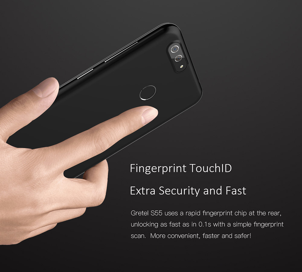 [HK Stock]Gretel S55 5.5 Inch HD Screen Smartphone Dual Rear Camera 16GB 8.0MP Cam MT6580A Quad Core Android 7.0 Touch ID 2600mAh - Black
