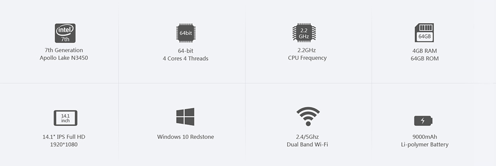 CHUWI LapBook 14.1" Laptop Windows10 4GB/64GB Intel Apollo Lake Celeron N3450 Quad Core 2.2GHz 1920*1280 - Grey