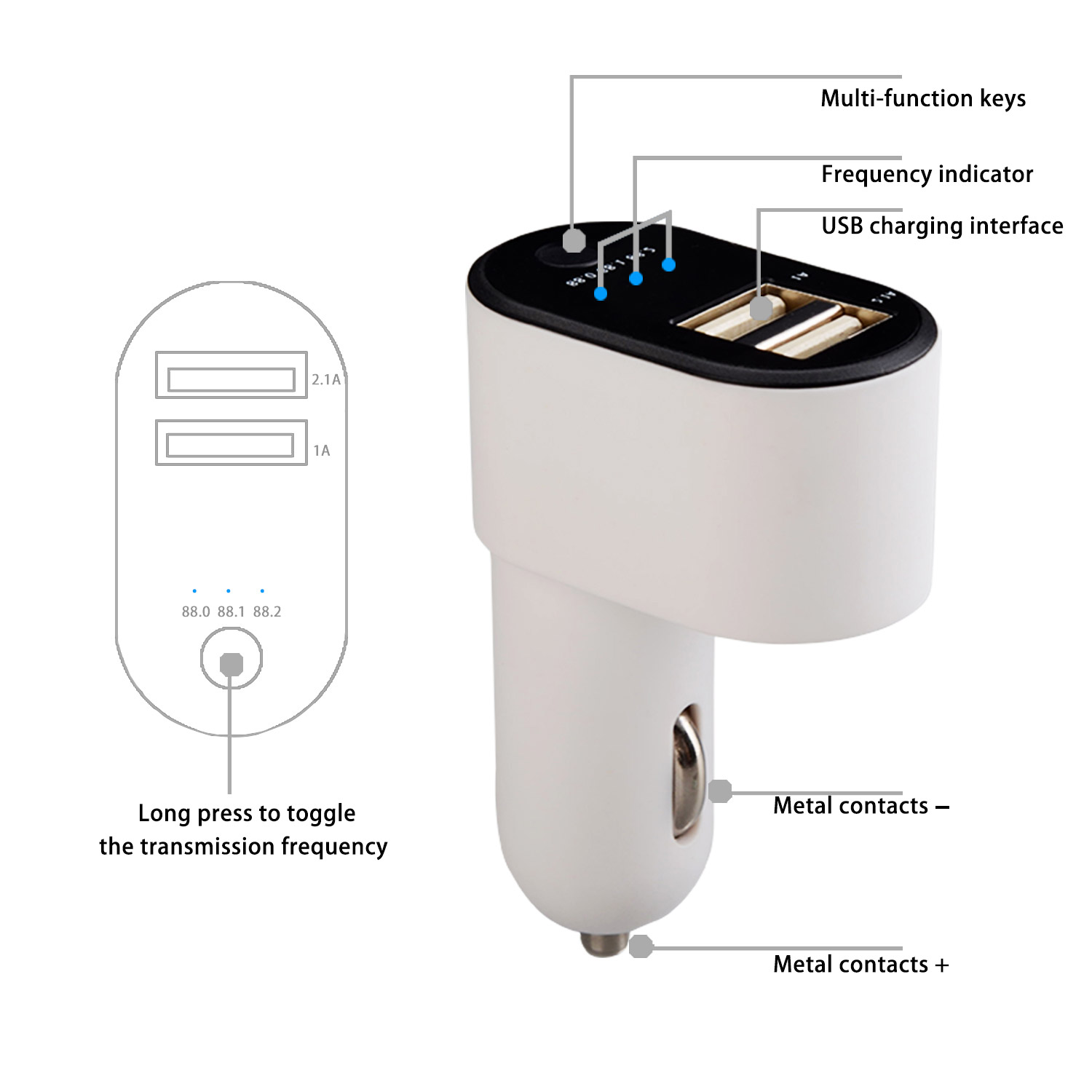 EC6 Dual USB Port Car Charger Bluetooth FM Transmitter Handsfree Calling Car Charger Bluetooth 4.2 EDR - White