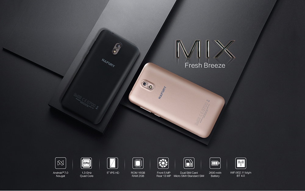 [HK Stock]HAFURY MIX 5.0 Inch Smartphone HD Screen 2GB RAM 16GB ROM 13.0MP Cam MT6580 Quad Core 1.3GHz Android 7.0 WiFi Bluetooth- Gold