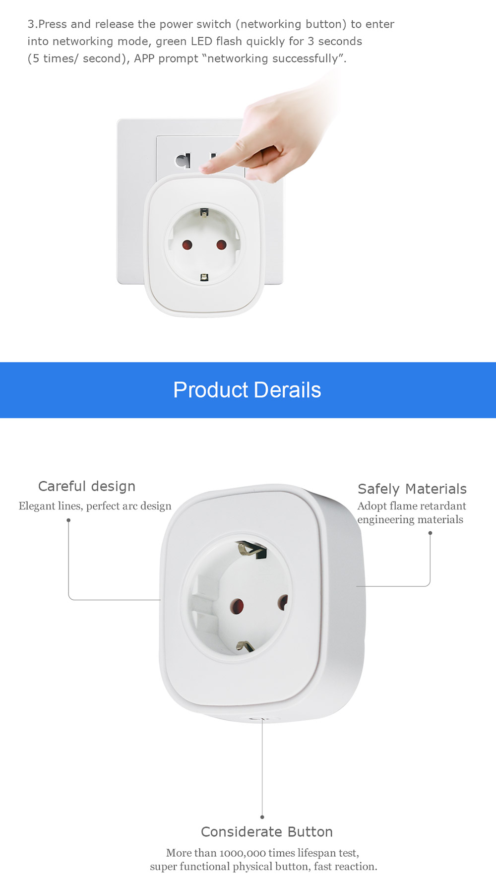 HEIMAN WS2SK-X Smart WiFi Plug Works with Amazon Alexa 110V-AC120V 16A APP Remote Control Timing Socket -White/EU Plug