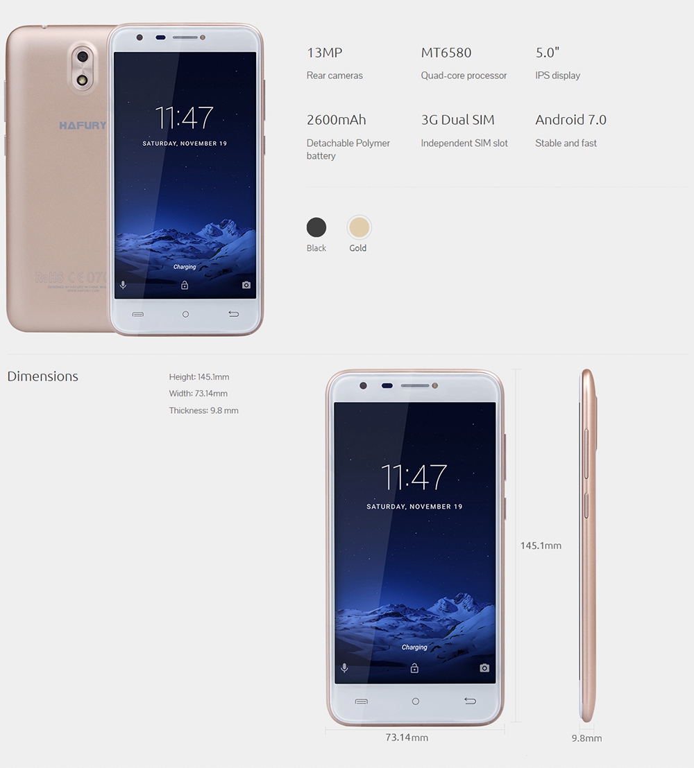 [HK Stock]HAFURY MIX 5.0 Inch Smartphone HD Screen 2GB RAM 16GB ROM 13.0MP Cam MT6580 Quad Core 1.3GHz Android 7.0 WiFi Bluetooth- Gold