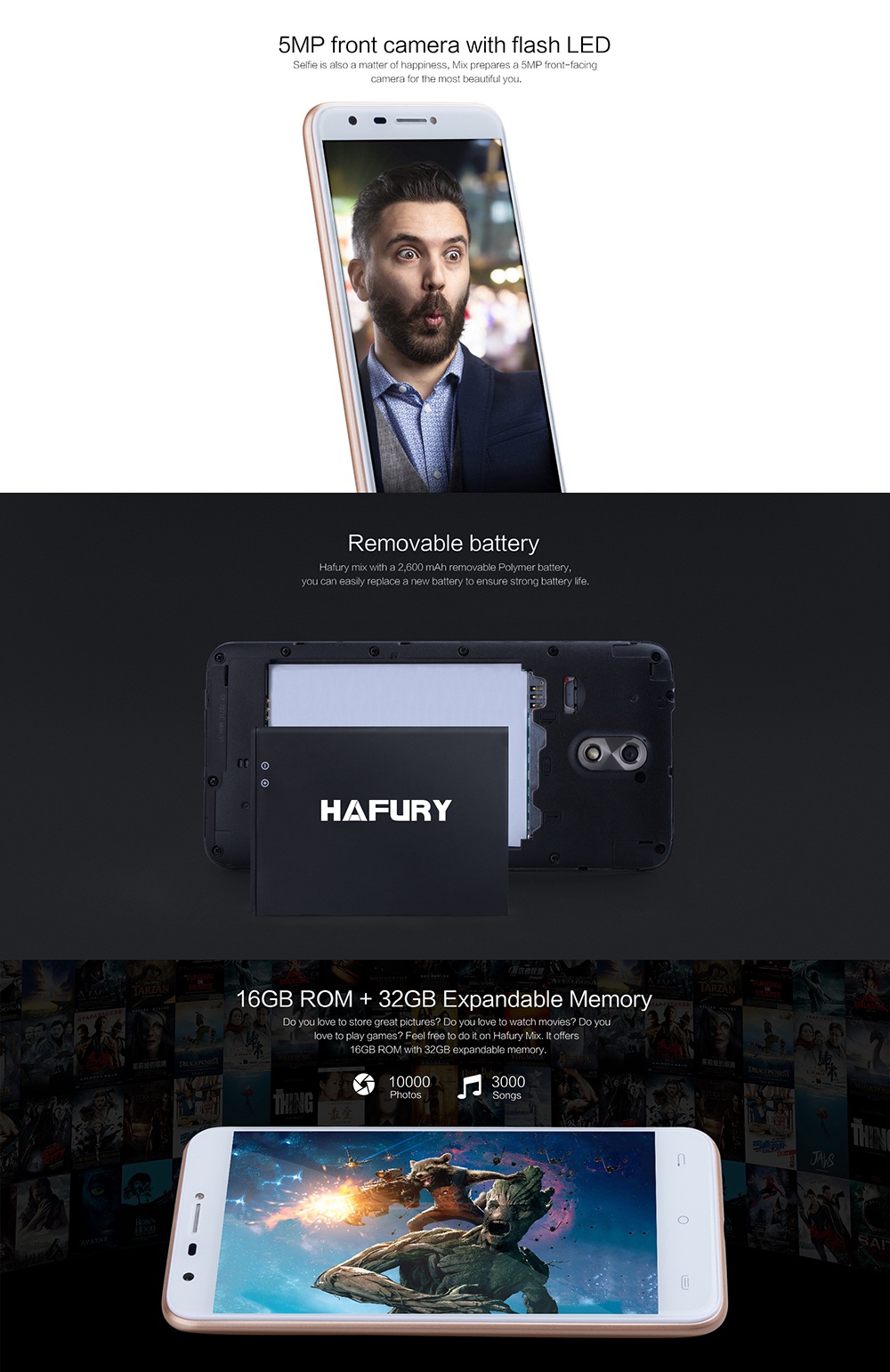 [HK Stock]HAFURY MIX 5.0 Inch Smartphone HD Screen 2GB RAM 16GB ROM 13.0MP Cam MT6580 Quad Core 1.3GHz Android 7.0 WiFi Bluetooth- Gold